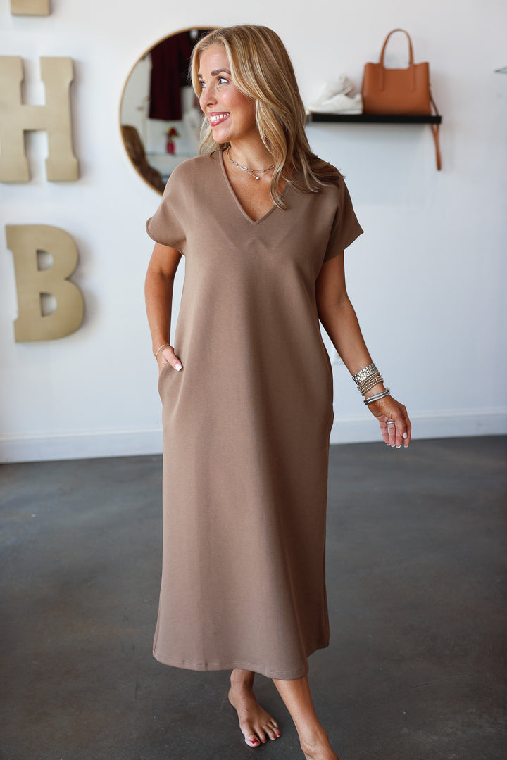 V Neck Maxi Dress - Brown