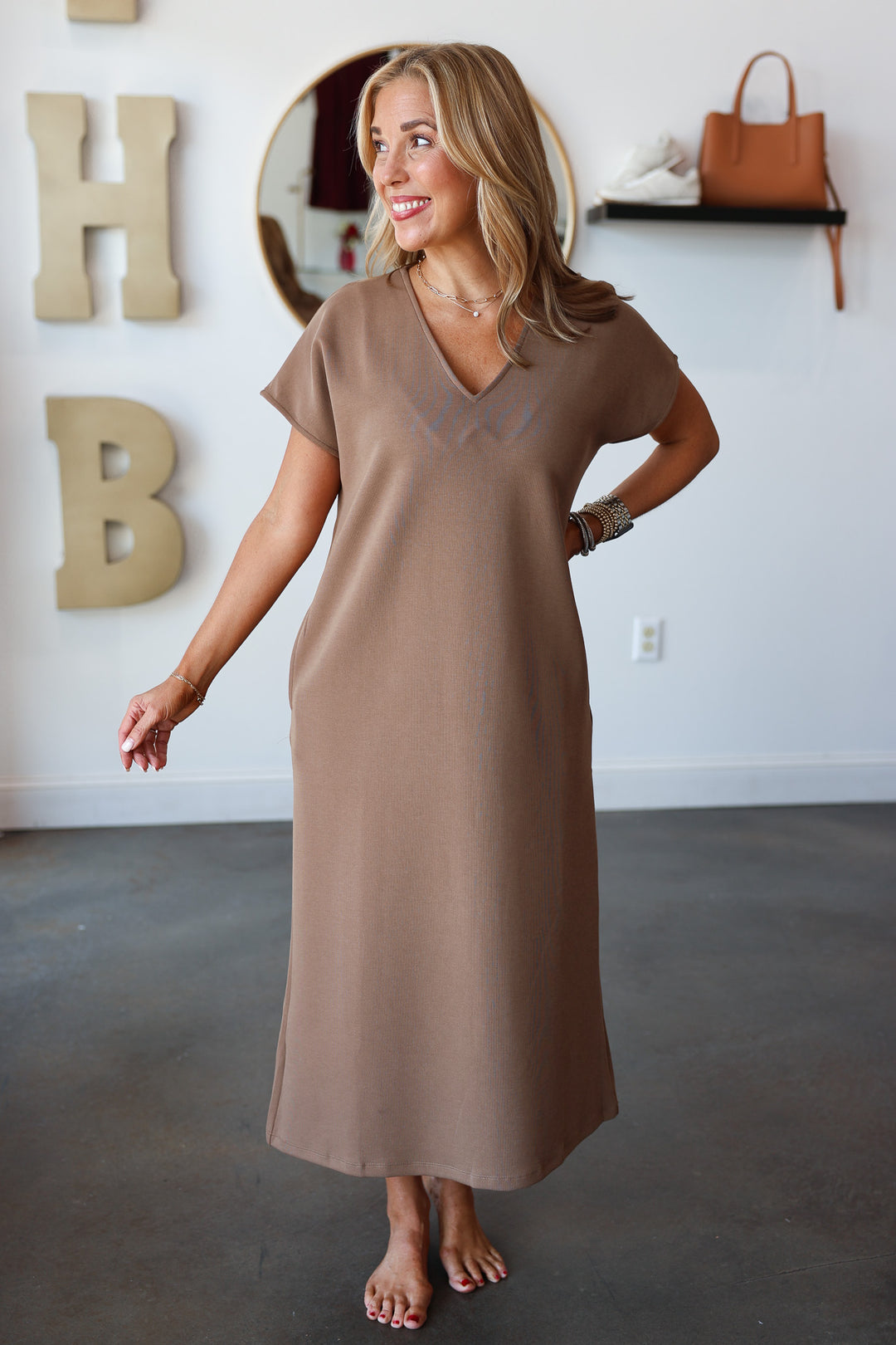 V Neck Maxi Dress - Brown