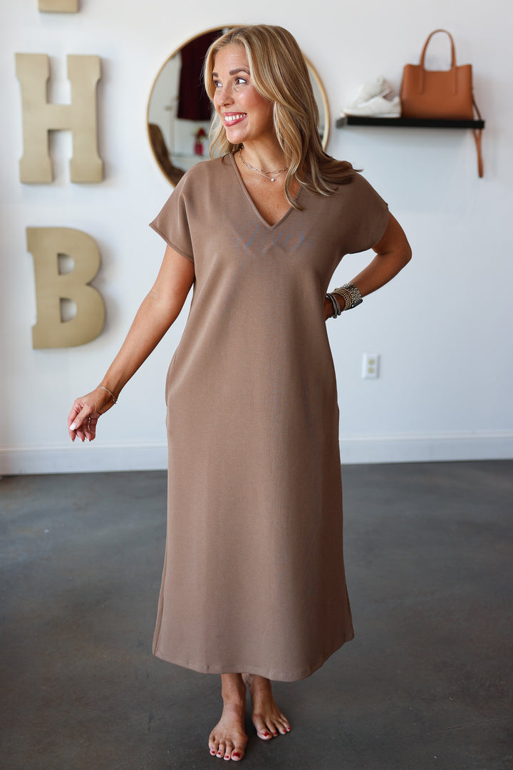 V Neck Maxi Dress - Brown