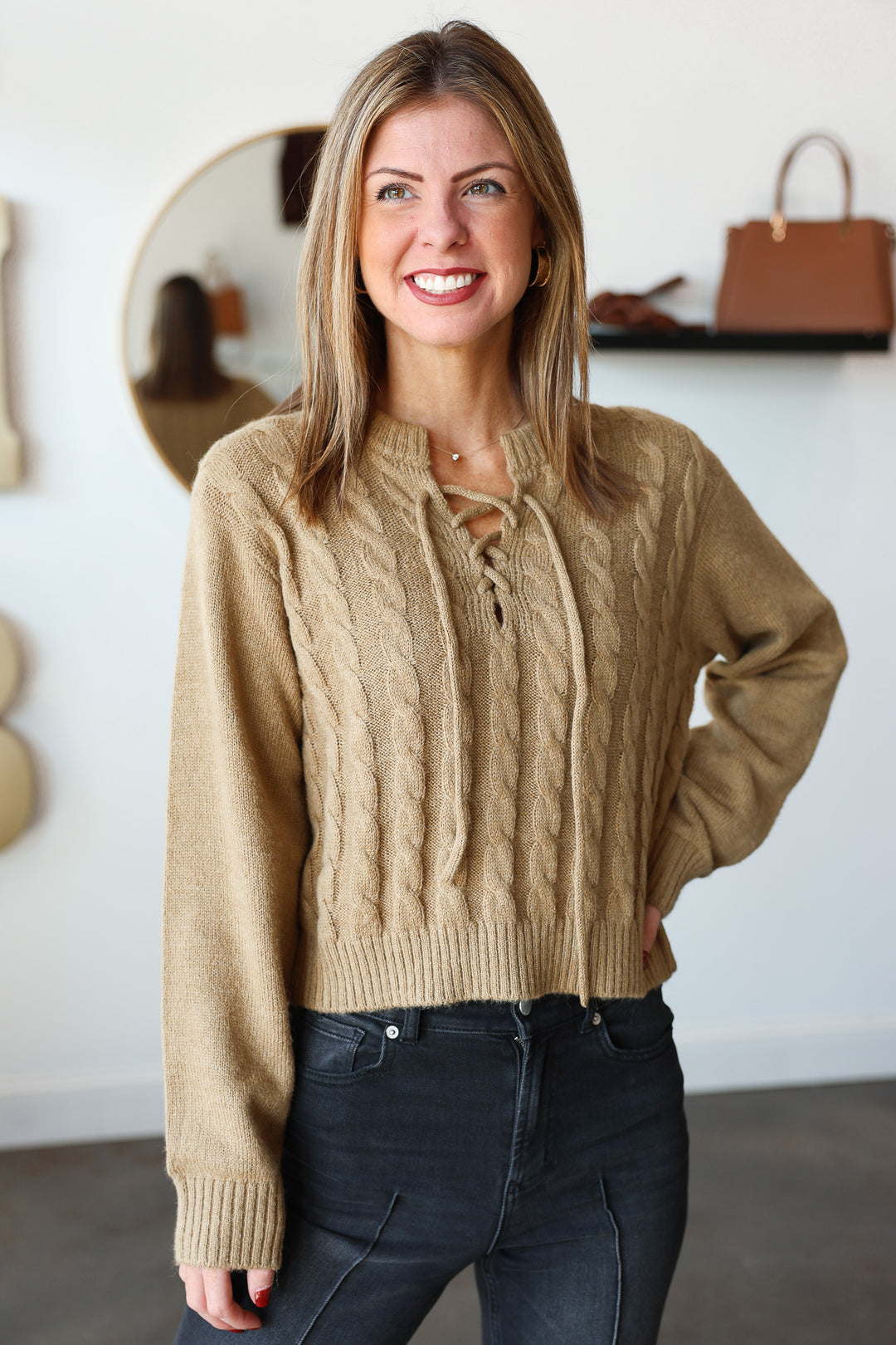 Cable Knit Tie Neck Sweater - Camel