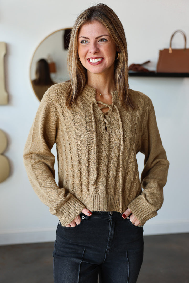 Cable Knit Tie Neck Sweater - Camel