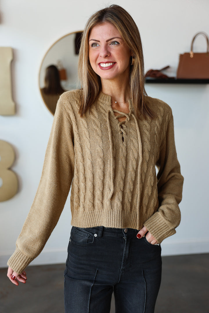 Cable Knit Tie Neck Sweater - Camel