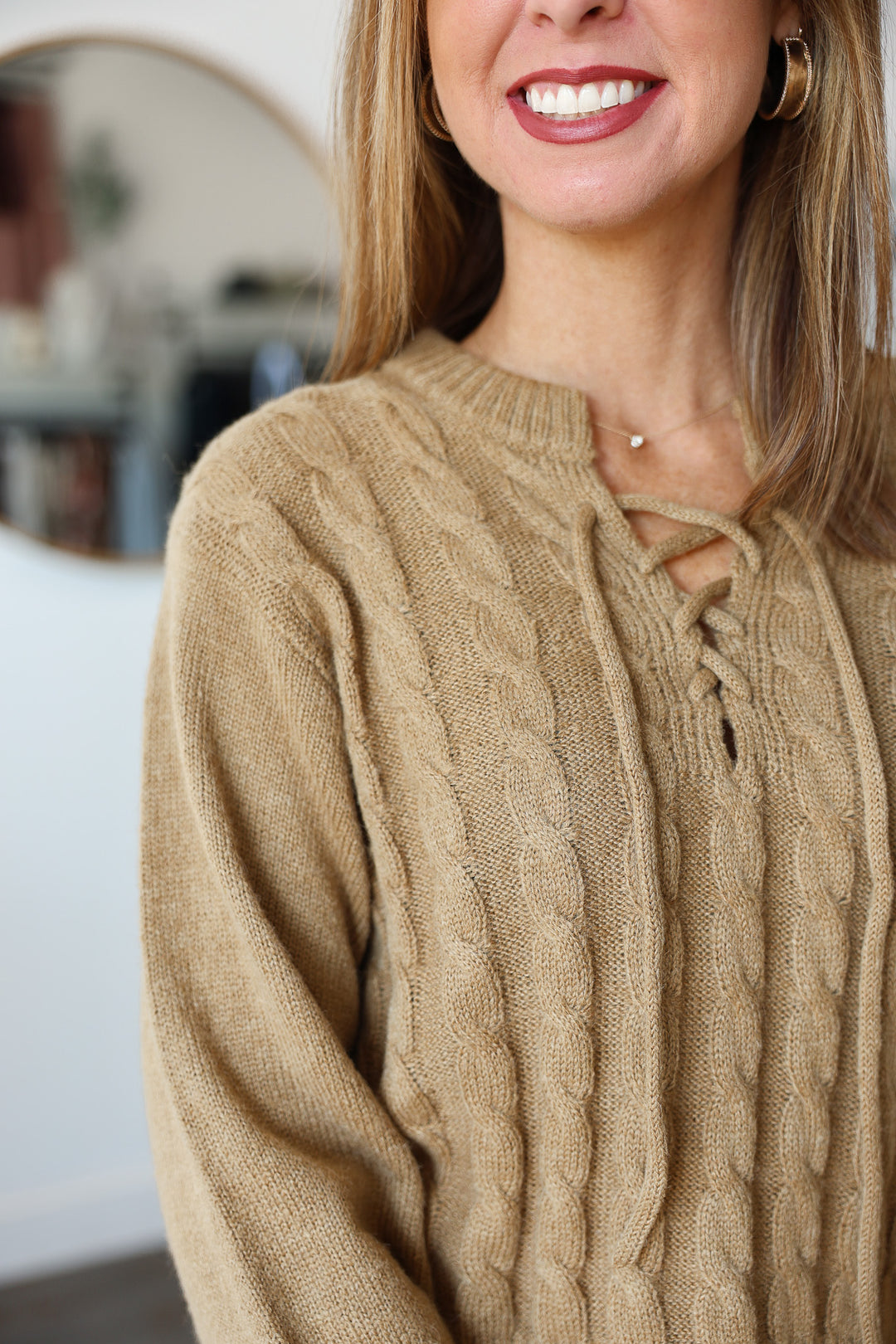 Cable Knit Tie Neck Sweater - Camel