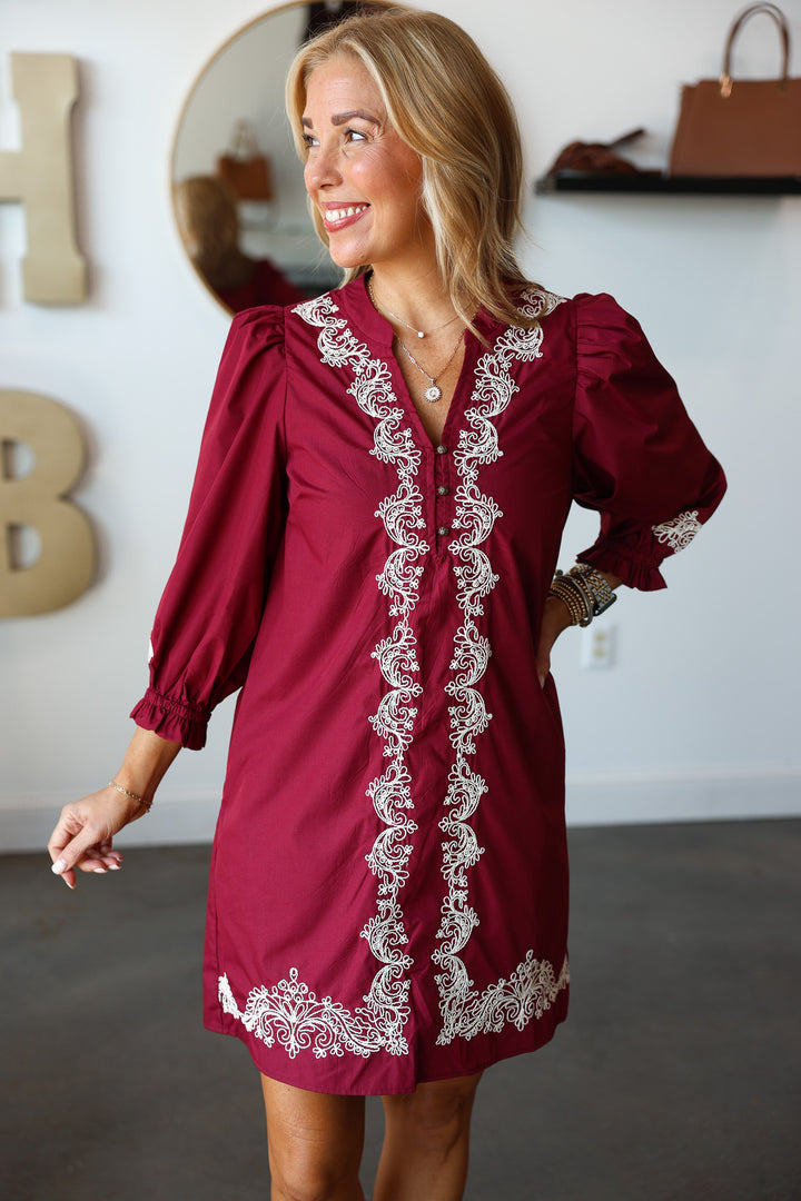 Embroidered Trim Dress - Garnet