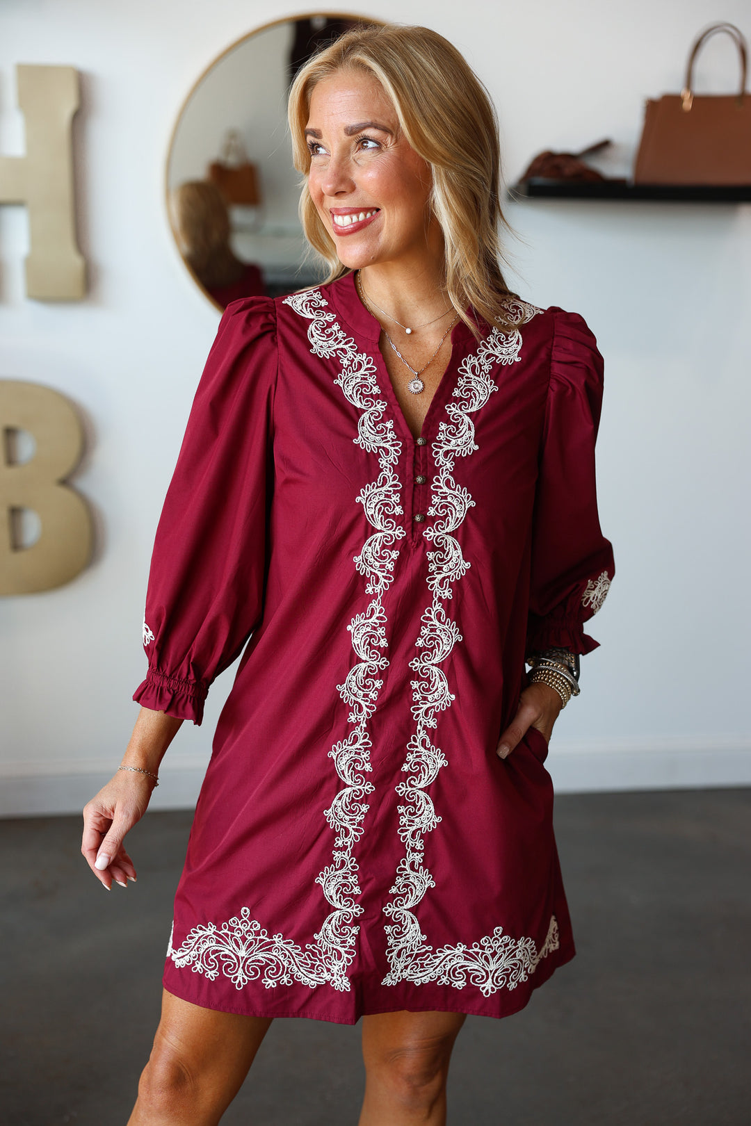 Embroidered Trim Dress - Garnet