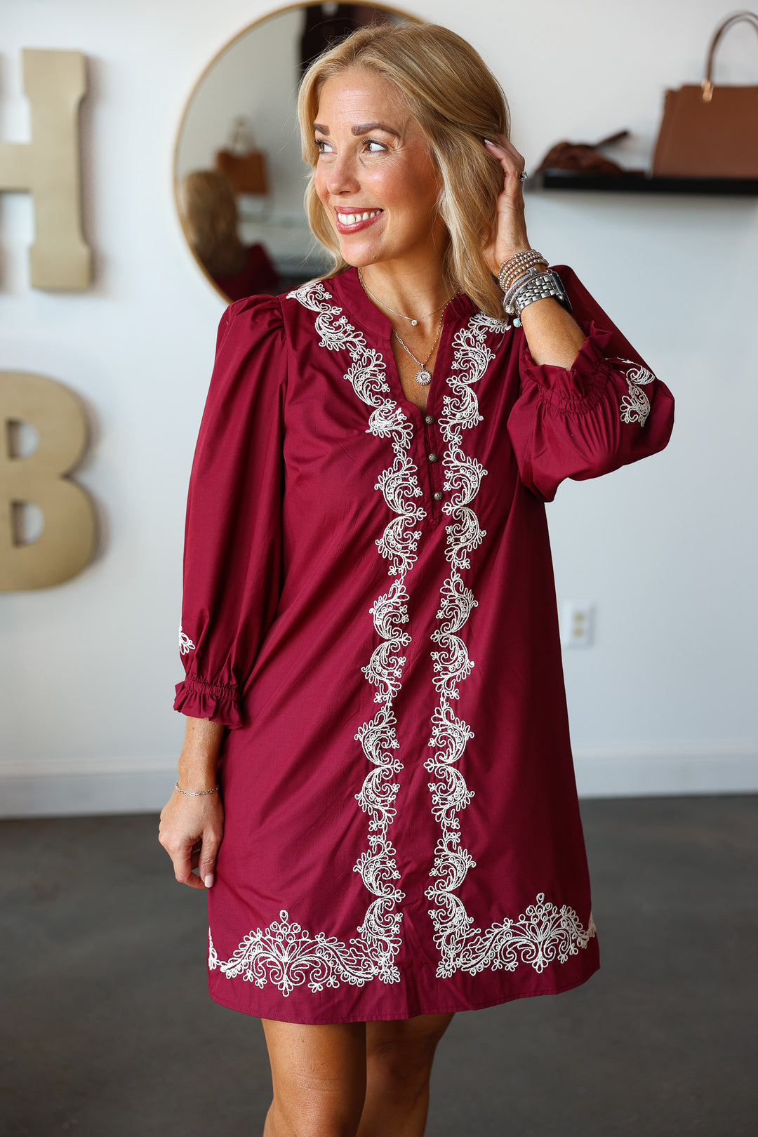 Embroidered Trim Dress - Garnet