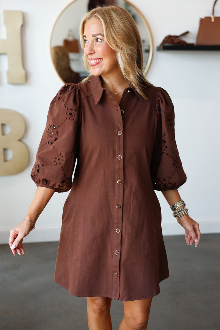 Eyelet Sleeve Button Front Dress - Brown