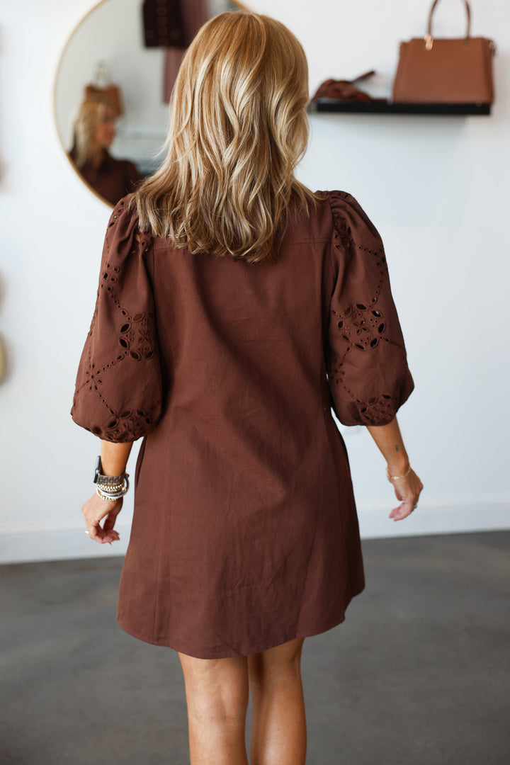 Eyelet Sleeve Button Front Dress - Brown