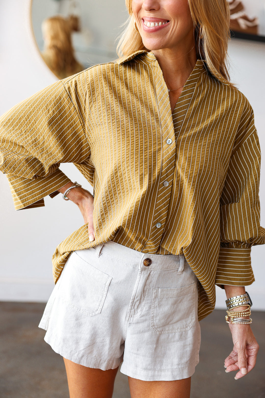 Button Front Striped Top - Olive