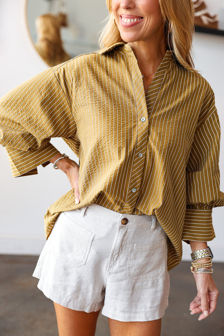 Button Front Striped Top - Olive