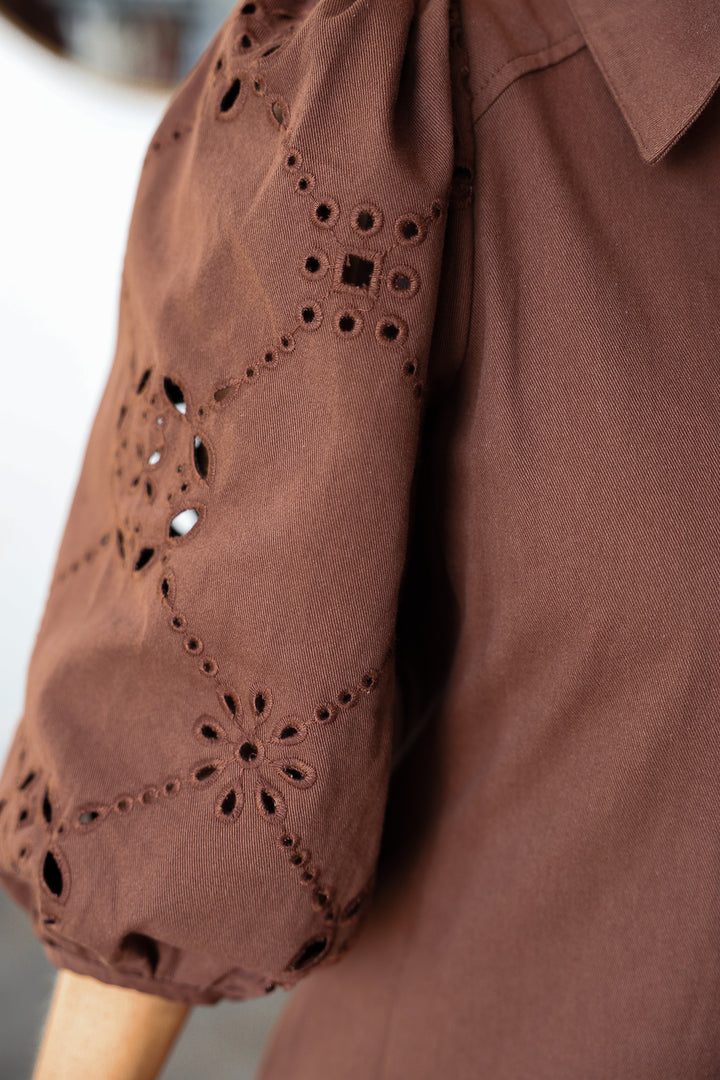 Eyelet Sleeve Button Front Dress - Brown