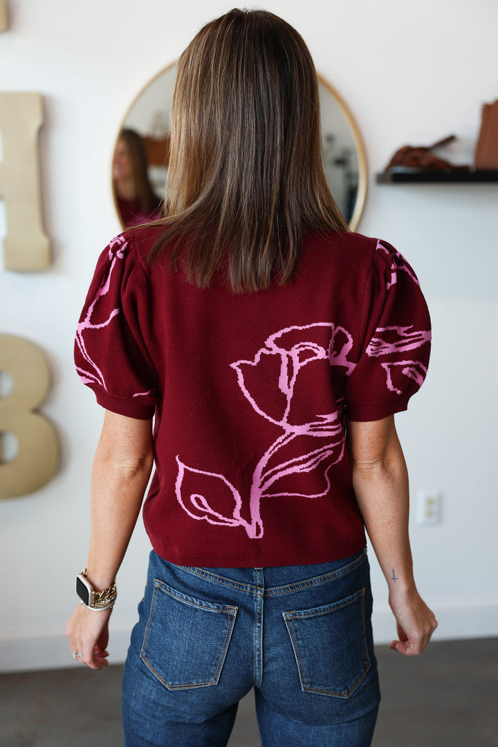 Short Sleeve Sweater Top - Burgundy