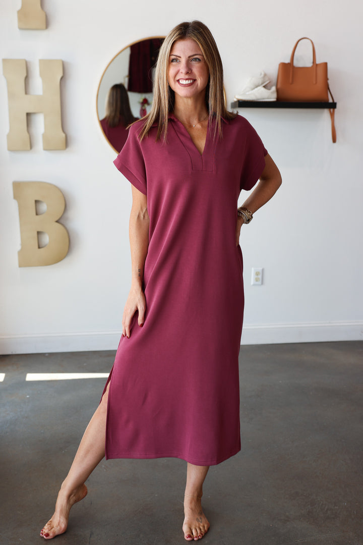 V Neck Maxi Dress - Burgundy