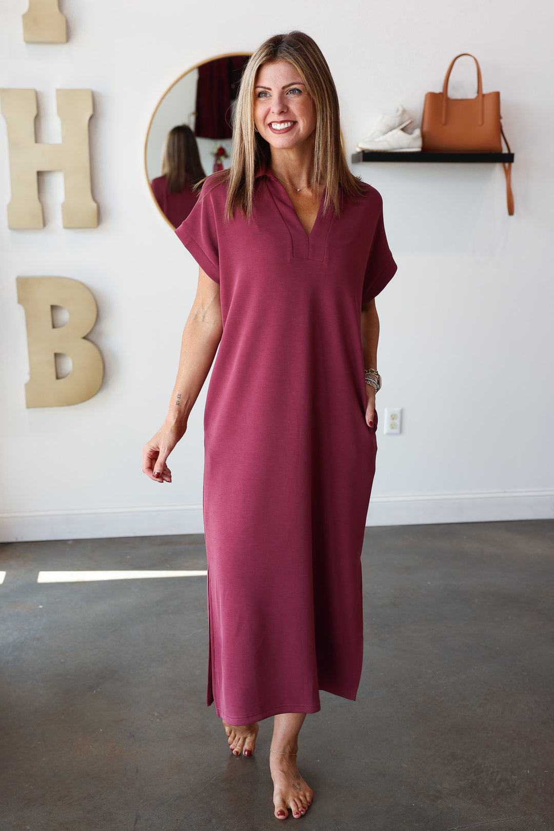 V Neck Maxi Dress - Burgundy