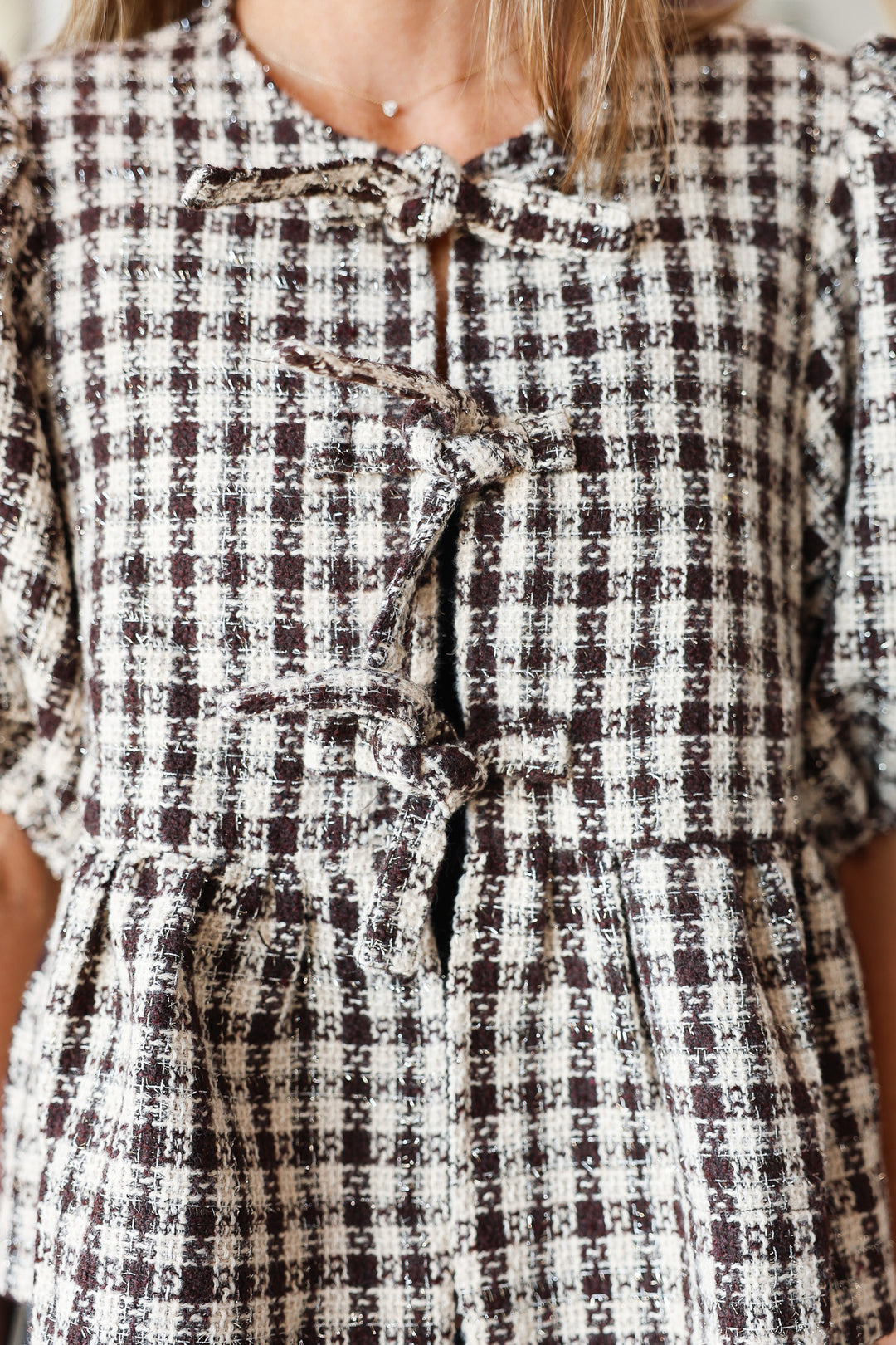 Front Tie Plaid Blouse - Brown