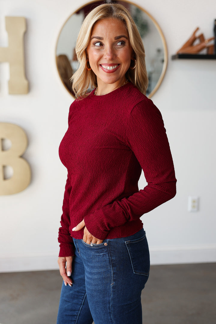 Textured Long Sleeve Top - Wine