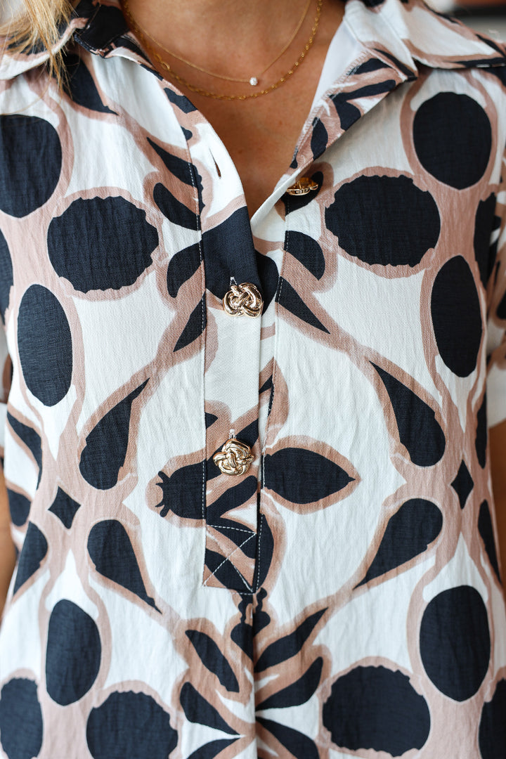 Button Collar Printed Dress - Black