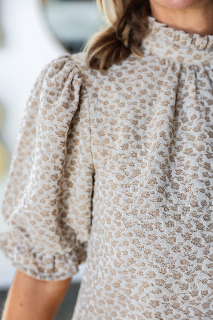 Textured Ruffle Neck Dress - Taupe