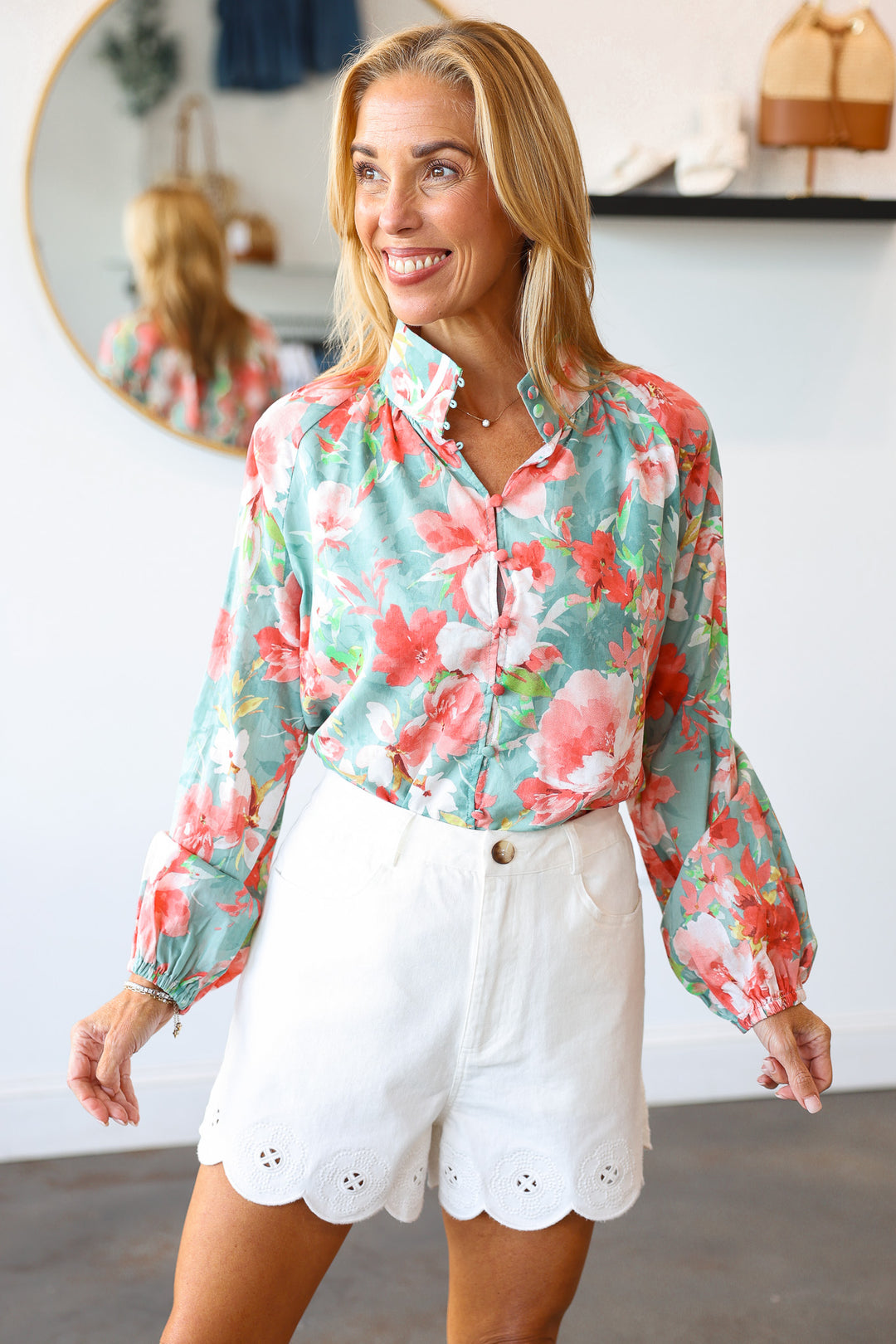 Button Front Floral Top - Seafoam