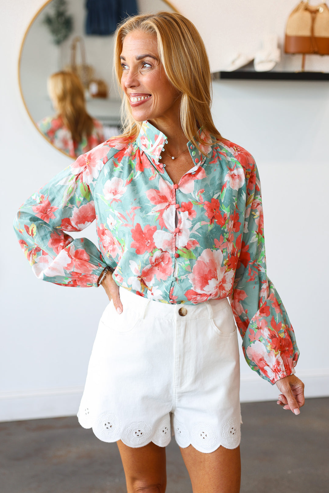 Button Front Floral Top - Seafoam