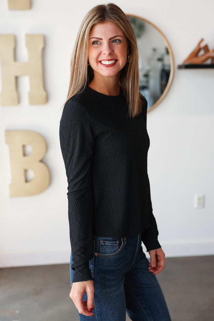 Textured Long Sleeve Top - Black
