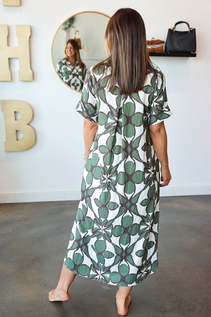 Button Collar Printed Dress - Olive