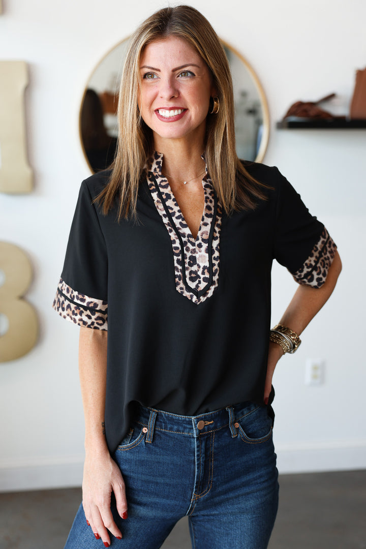 Leopard Trim Top - Black