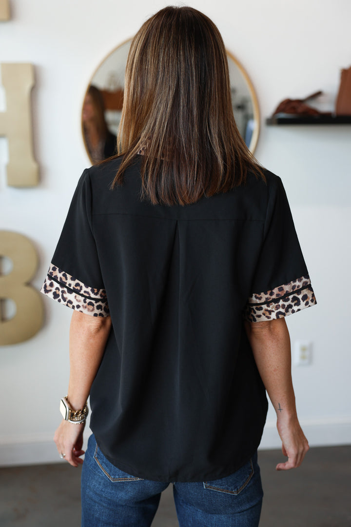 Leopard Trim Top - Black
