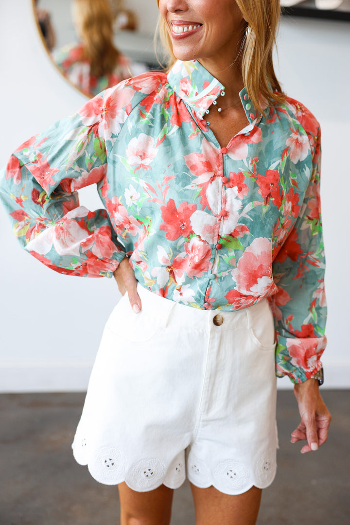 Button Front Floral Top - Seafoam