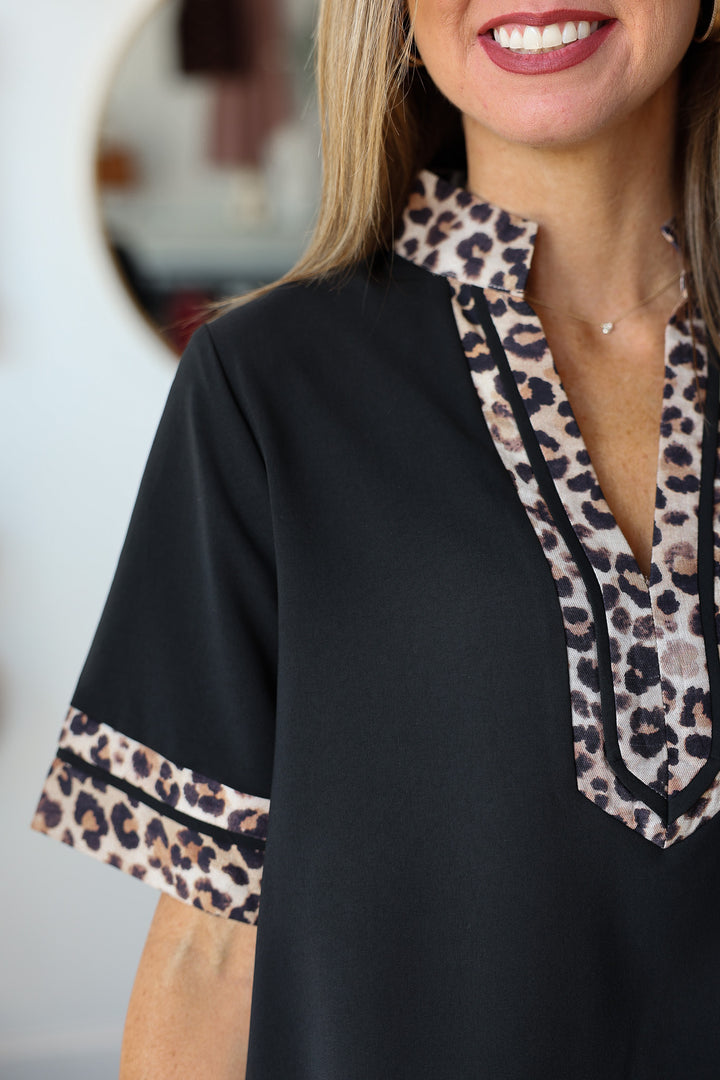 Leopard Trim Top - Black