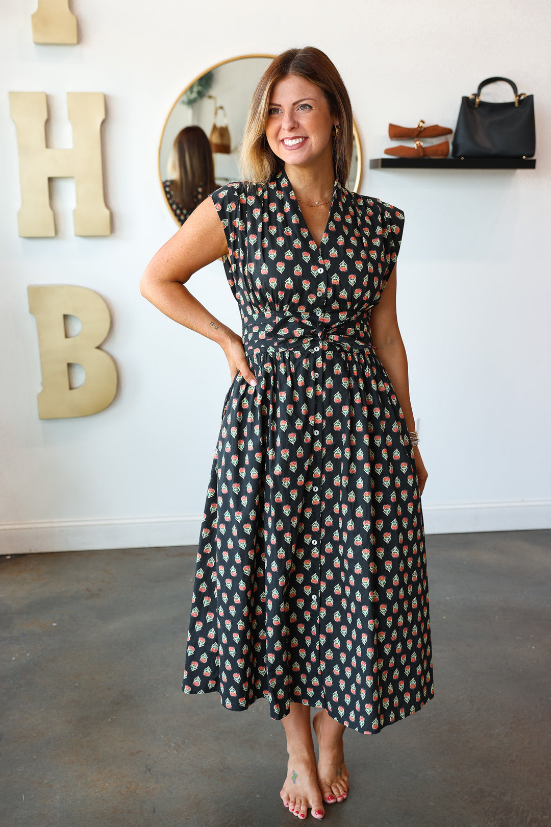 Front Tie Printed Dress - Black