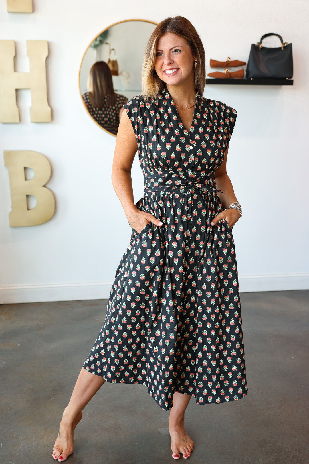 Front Tie Printed Dress - Black