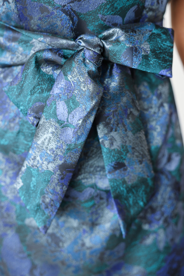 Tie Waist Jacquard Mini Dress- Navy