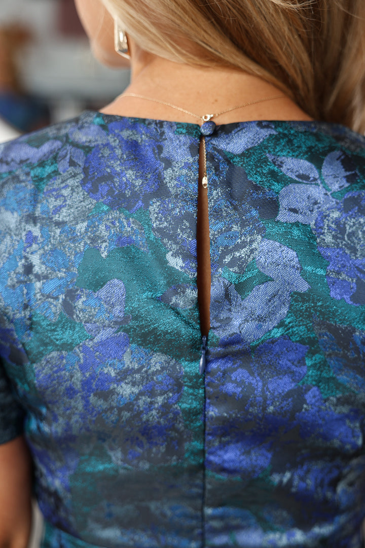 Tie Waist Jacquard Mini Dress- Navy