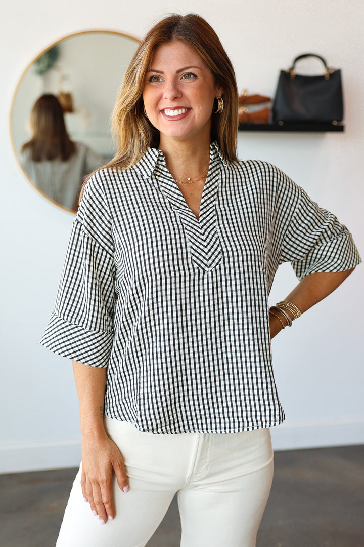 Gingham Half Sleeve Top - Black