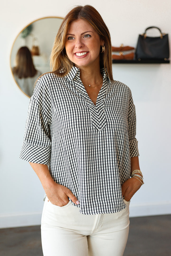 Gingham Half Sleeve Top - Black