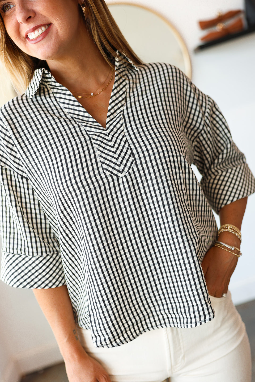 Gingham Half Sleeve Top - Black