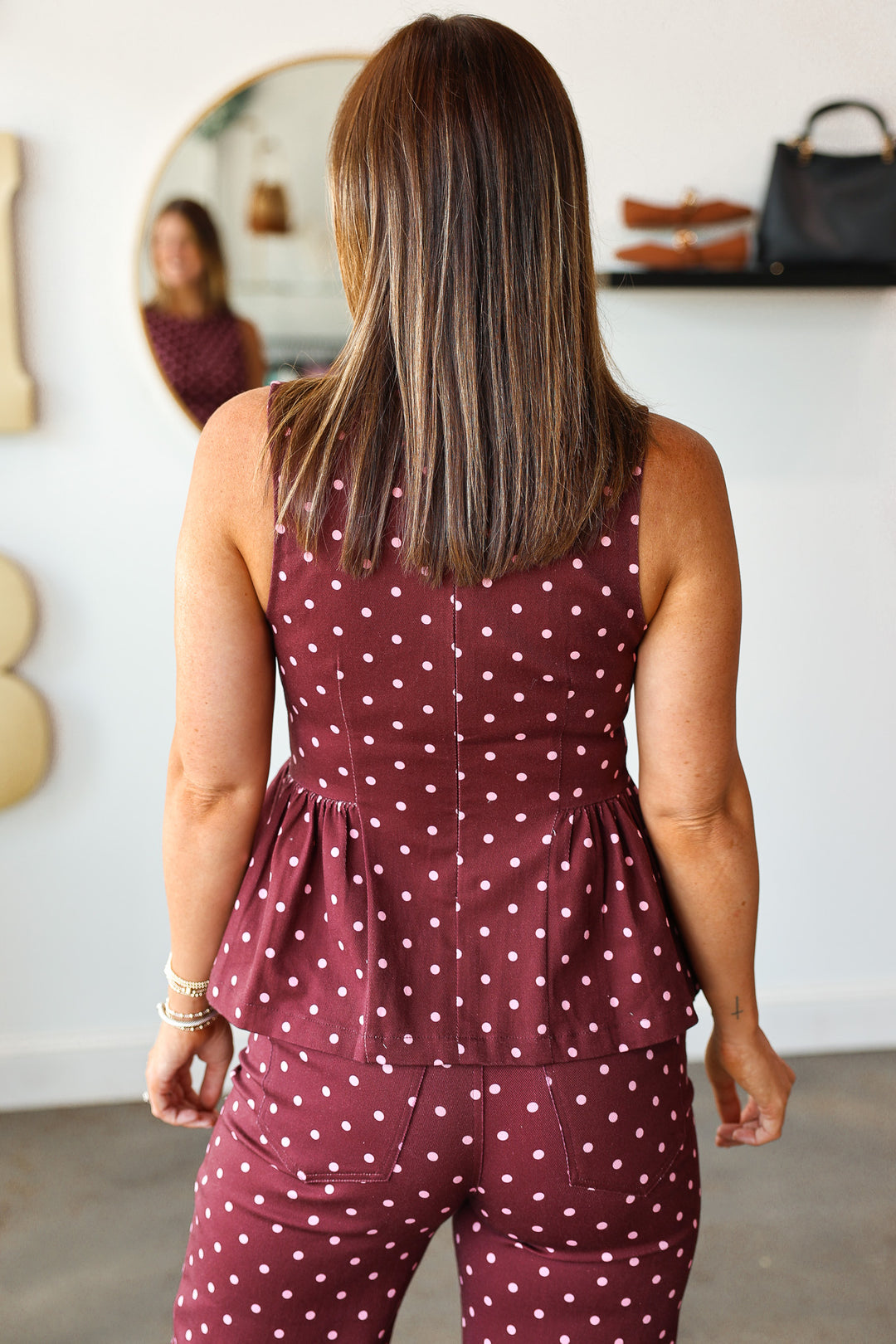 Polka Dot Denim Top - Burgundy