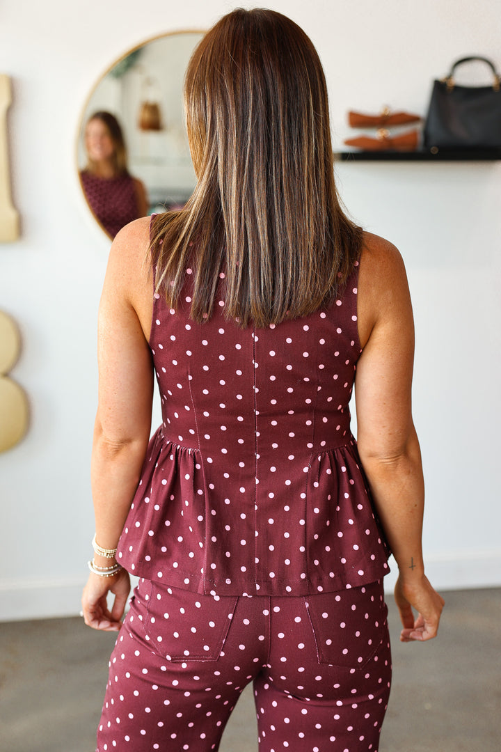 Polka Dot Denim Top - Burgundy