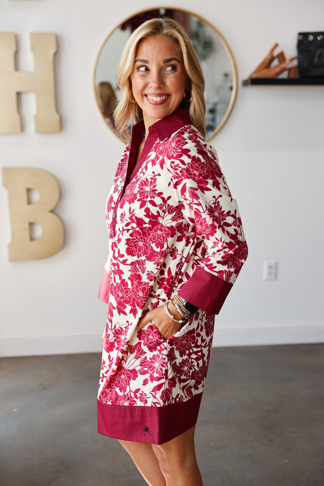 Contrast Trim Dress - Burgundy