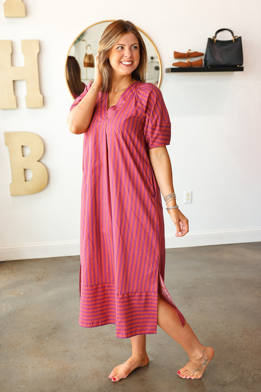 Striped Midi Dress - Plum