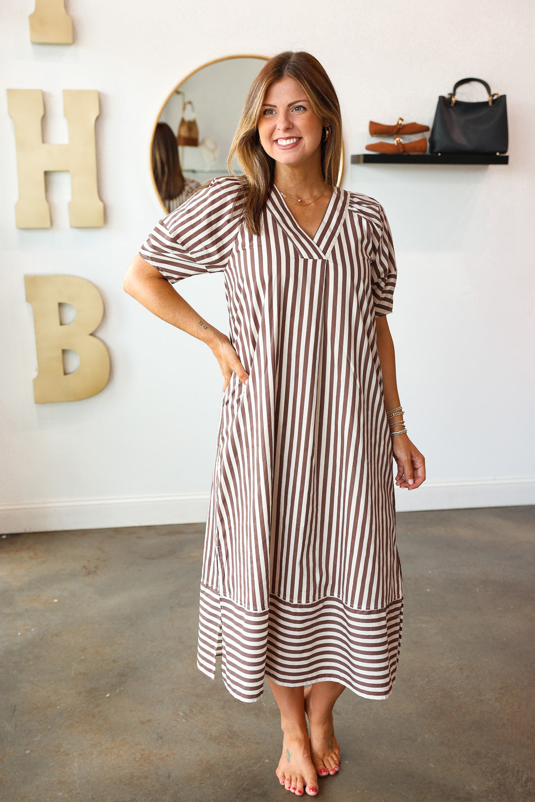 Striped Midi Dress - Brown