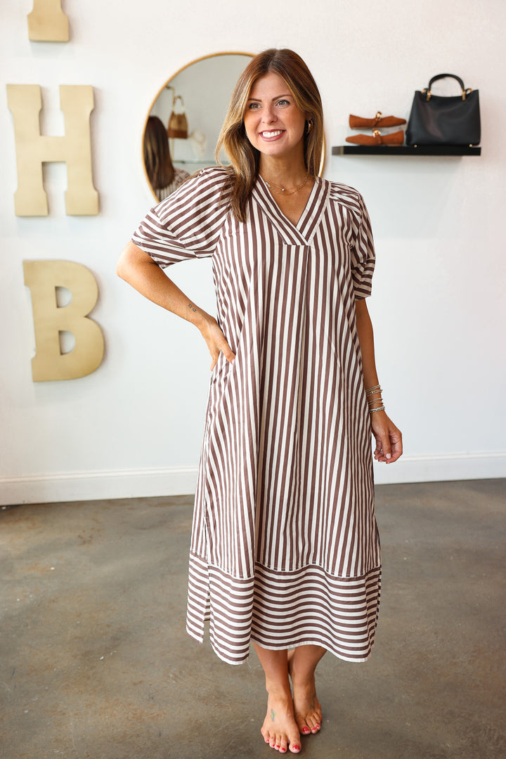 Striped Midi Dress - Brown