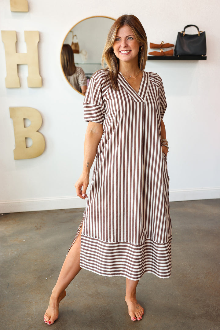 Striped Midi Dress - Brown