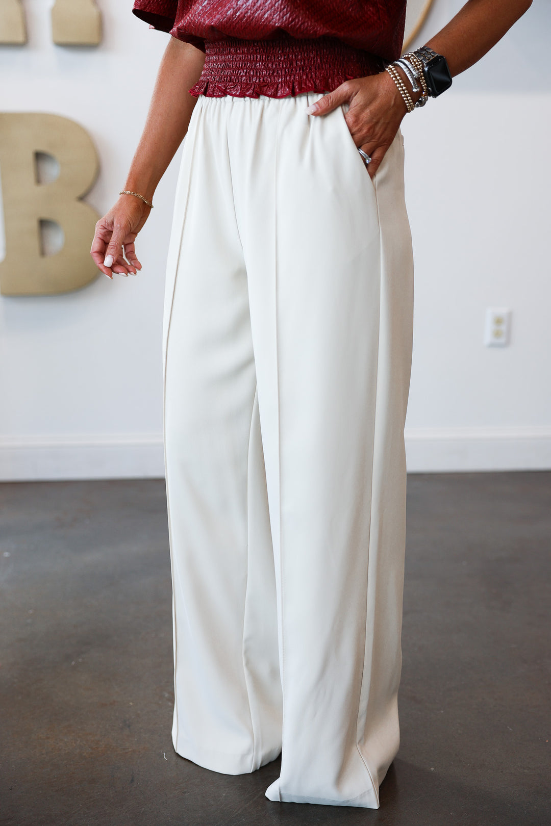 Elastic Waist Dress Pants - Ecru