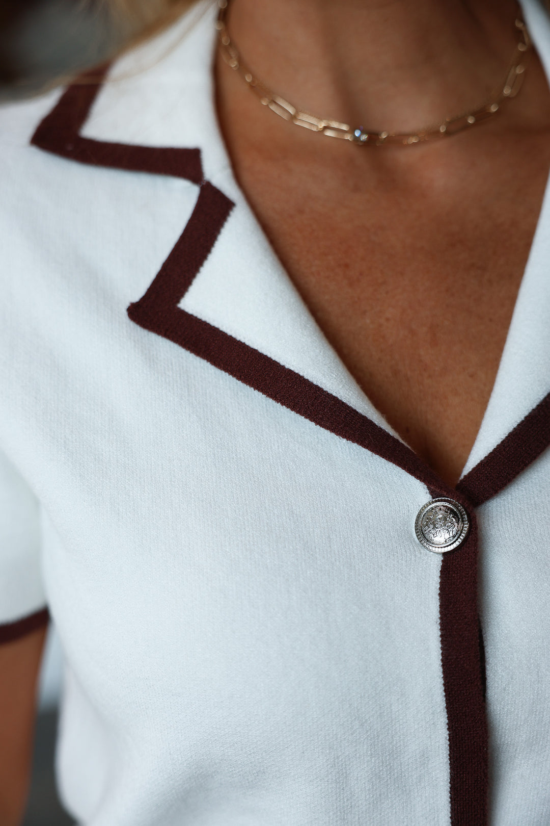 Brown Trim Sweater Top - Cream