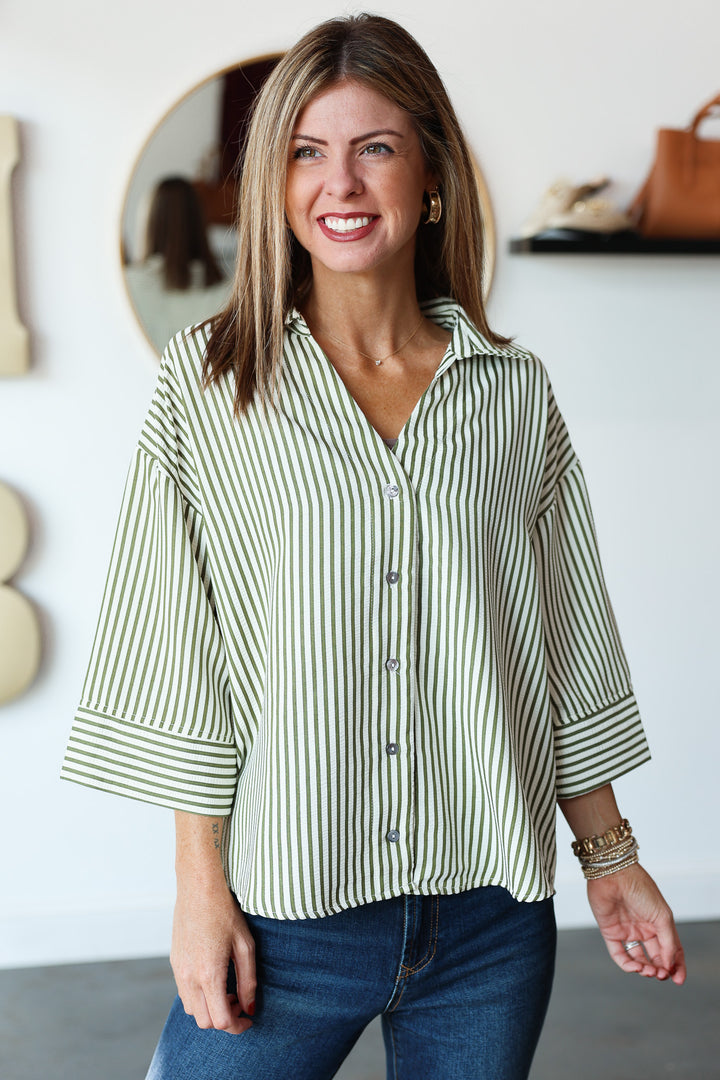 Striped Button Down Top - Olive