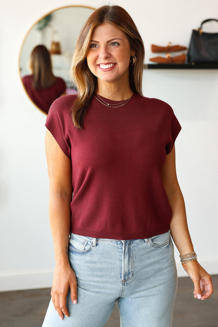 Cap Sleeve Knit Top - Burgundy