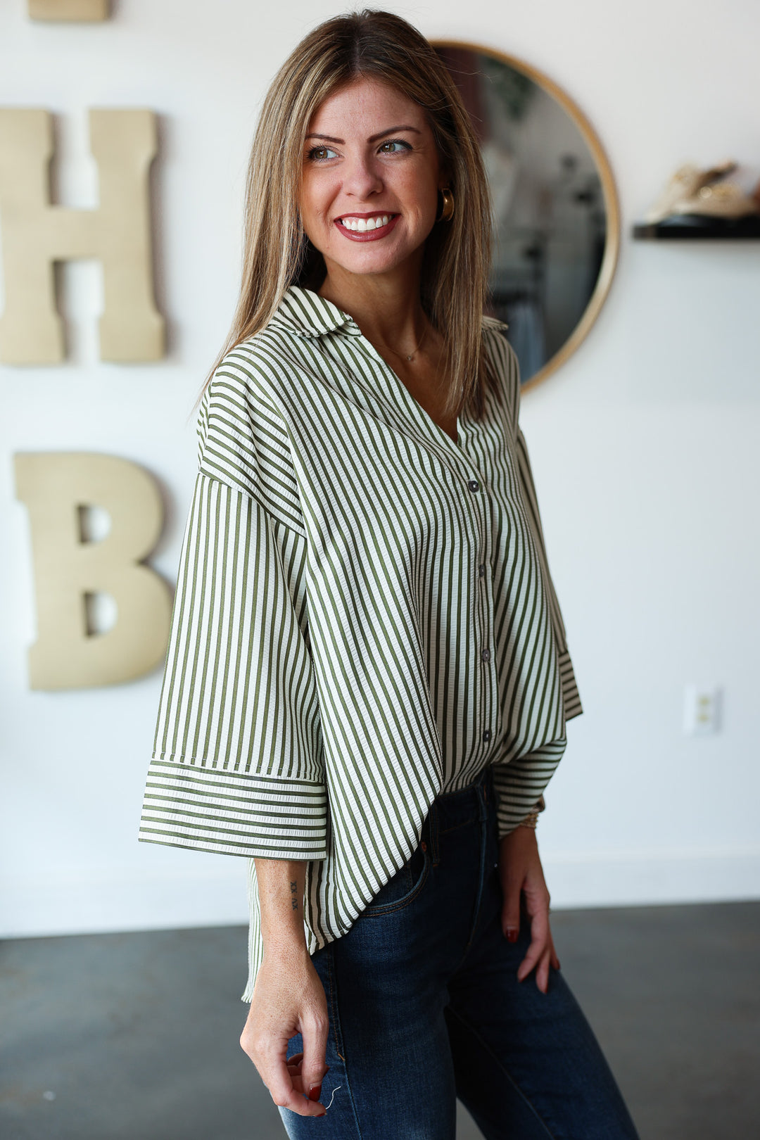 Striped Button Down Top - Olive