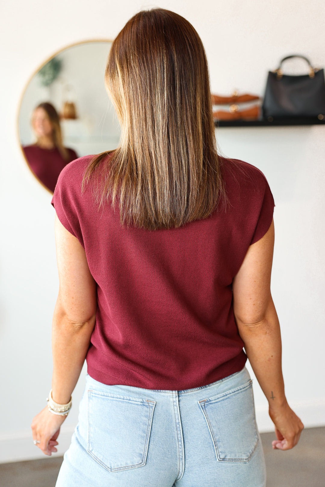 Cap Sleeve Knit Top - Burgundy